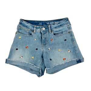 Gap Kids Midi Mid Rise Denim Jean Shorts Floral Embroidered SZ 10 Cuffed Cutoffs